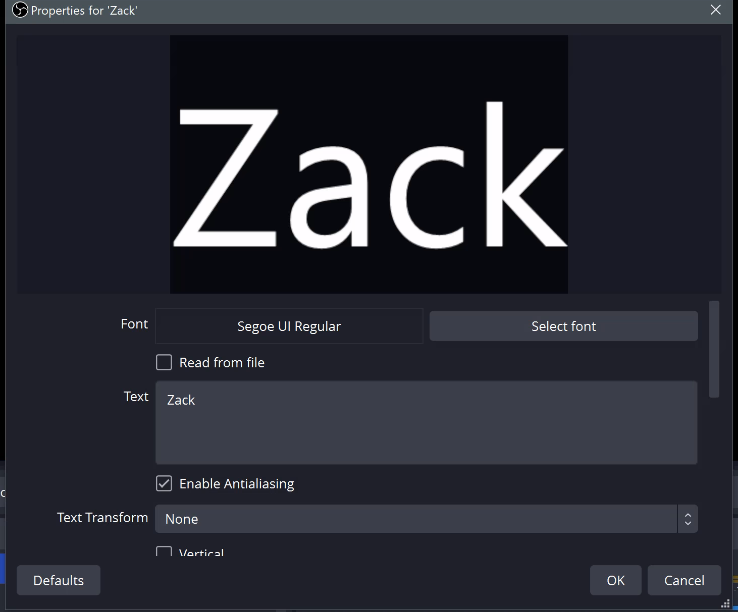 OBS Text Source Properties