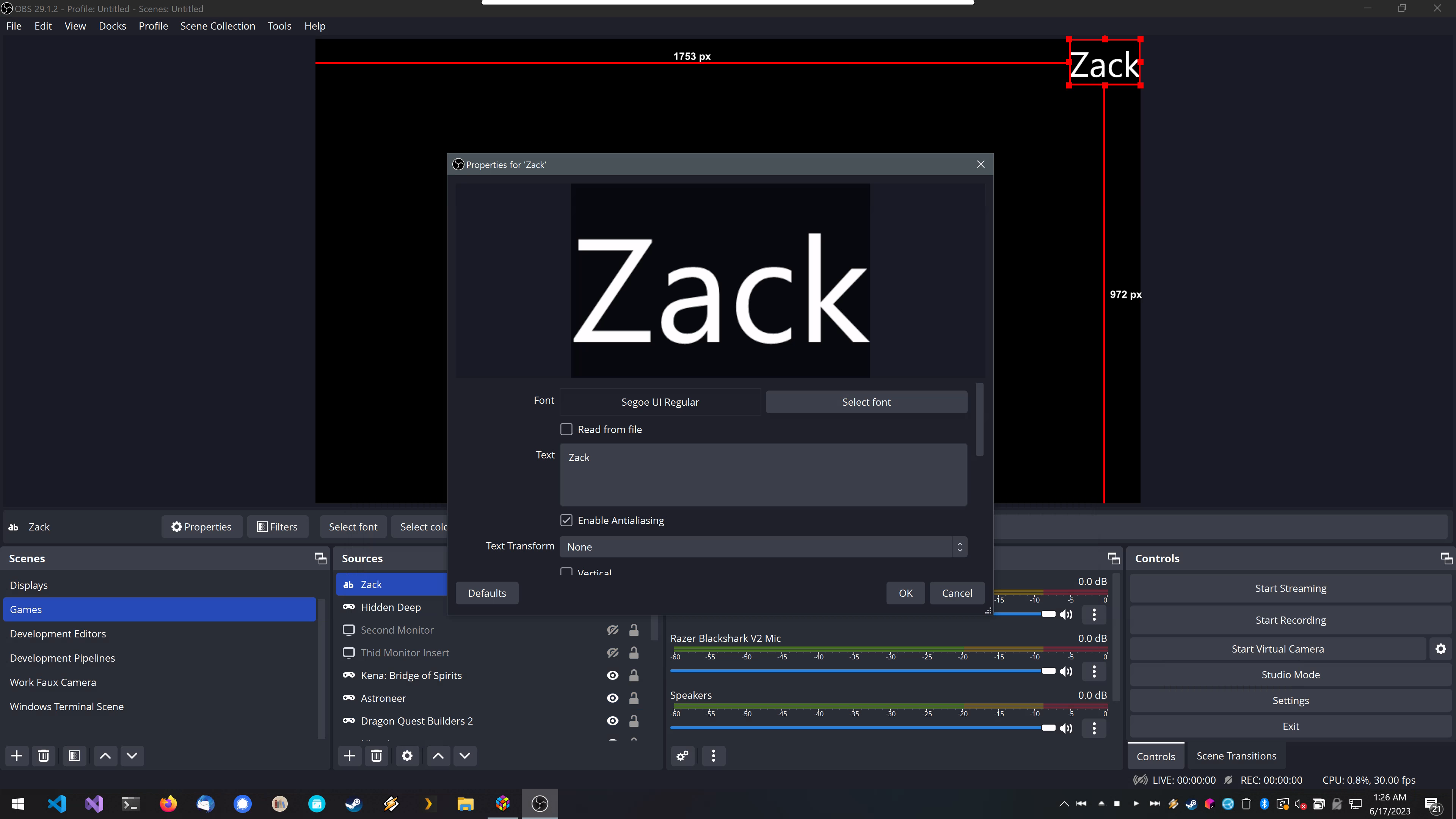 OBS Streaming Canvas Text Position